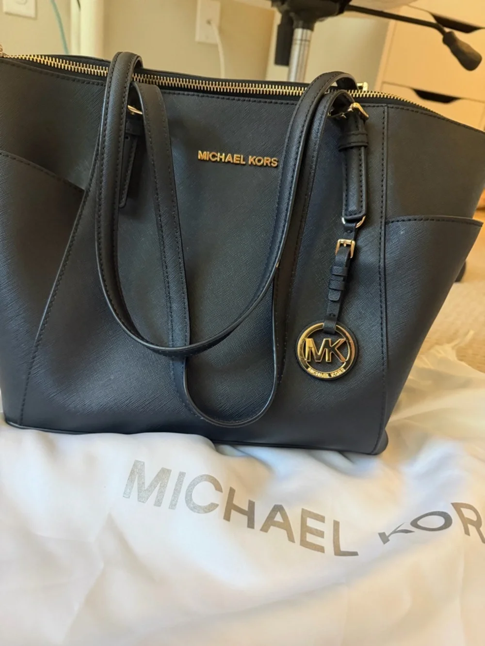 Michael Kors Black Saffiano Leather Double-Handle Tote with Gold Hardware